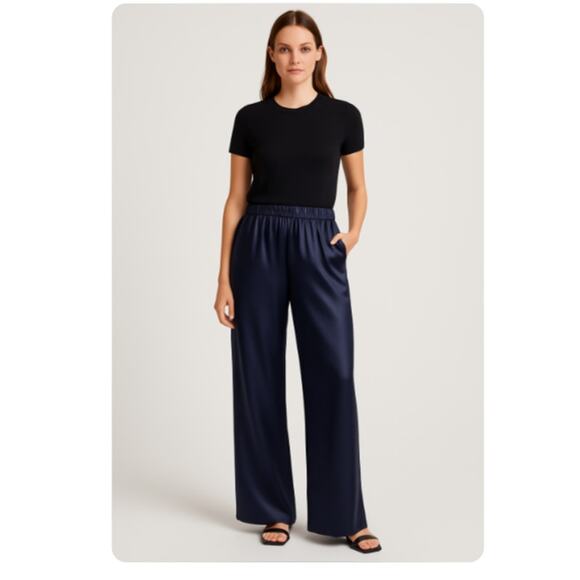 St. John Women's SZ 4 Navy Blue Satin Wide Leg Pants Pleats Pockets Gorgeous - Picture 1 of 8